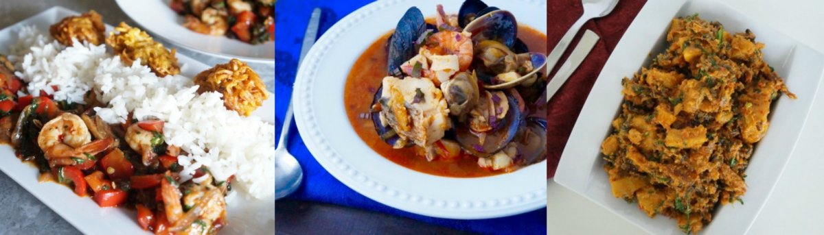 Shrimp and Vegetable Sauce | Spicy Seafood (Fisherman) Stew | Plantain and Sweet Potato Pottage (Porridge)