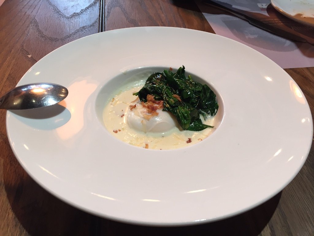 Poached egg with sauteed spinach and taleggio sauce