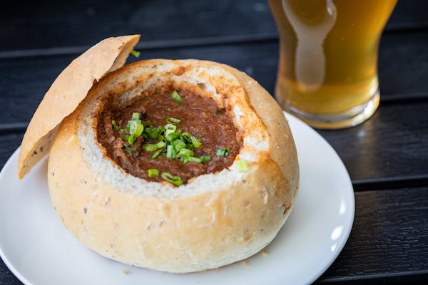 Goulash served in a bread bowl