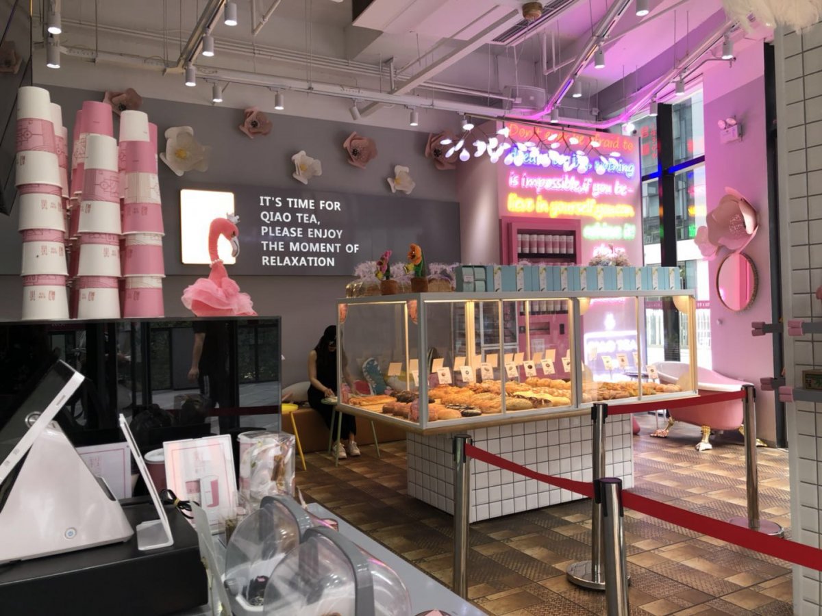 The renovated space takes the "pink" theme and runs with it