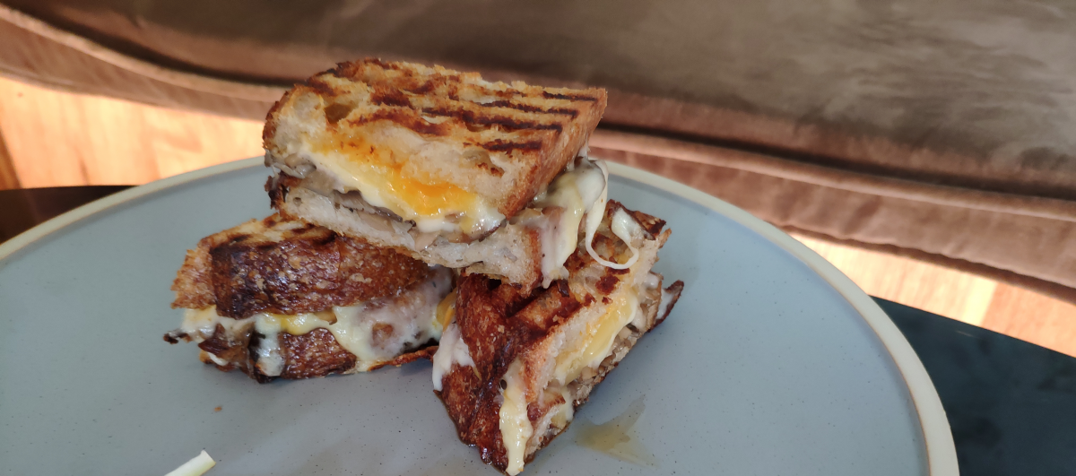 Black truffle sandwich on grilled rye bread