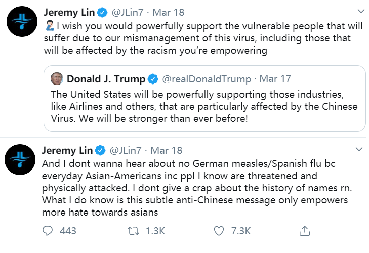 In a series of tweets, Lin responded to Trump and others who justify the phrase "Chinese virus"